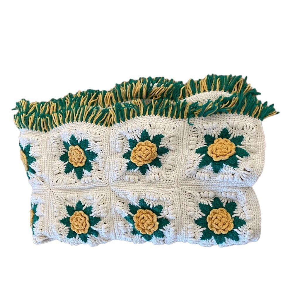 Hand crocheted patches sunflower fringe granny blanket throw white green yellow